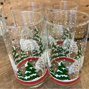 Vintage Set of 4 Libbey Snowy Pines Christmas Tumbler Drinking Glasses Libby